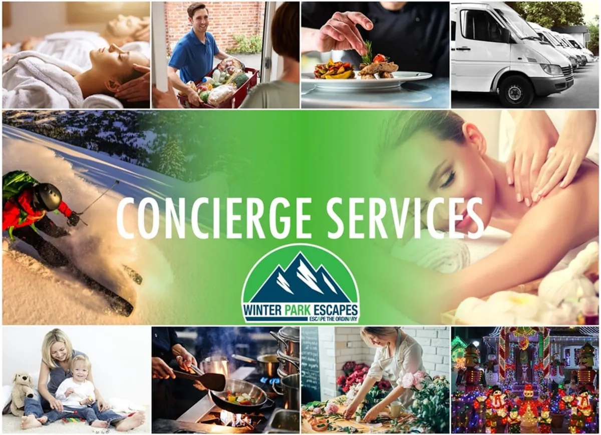 A vibrant collage-style image featuring a spa treatment setup, food delivery to the dining area, a family sharing a meal, a chef preparing gourmet cuisine, people enjoying a ski adventure, and a festive home decorated for the holidays. The image conveys a sense of luxury, activity, and personalized service.