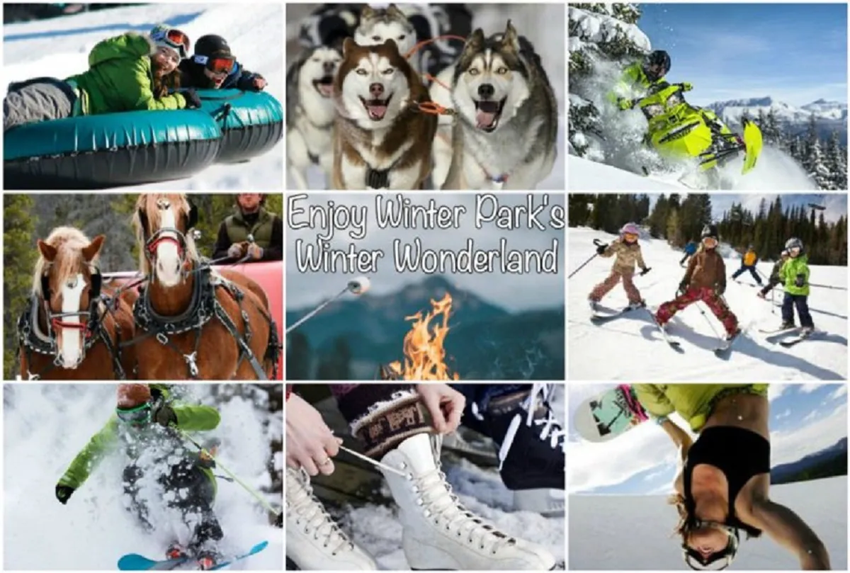A lively winter scene featuring families and friends engaging in tubing, dog sledding, skiing, snowboarding, and ice skating. There are children playing in the snow, a cozy firepit, and huskies pulling sleds, all set against a snowy outdoor backdrop. The mood is joyful and energetic, capturing the spirit of Winter Park's recreational offerings.