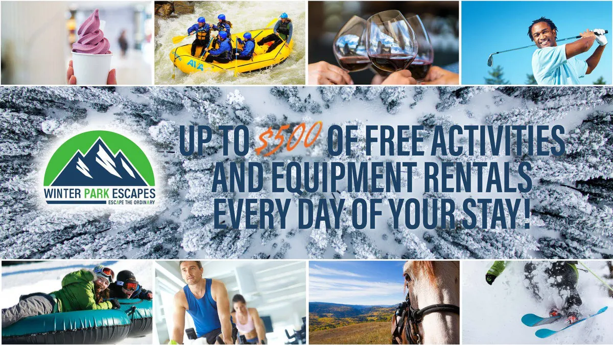 A lively interior scene highlighting various outdoor and indoor activities: images of white-water rafting, skiing, horseback riding, golfing, and a group enjoying food and drinks together. The scene exudes excitement and togetherness.