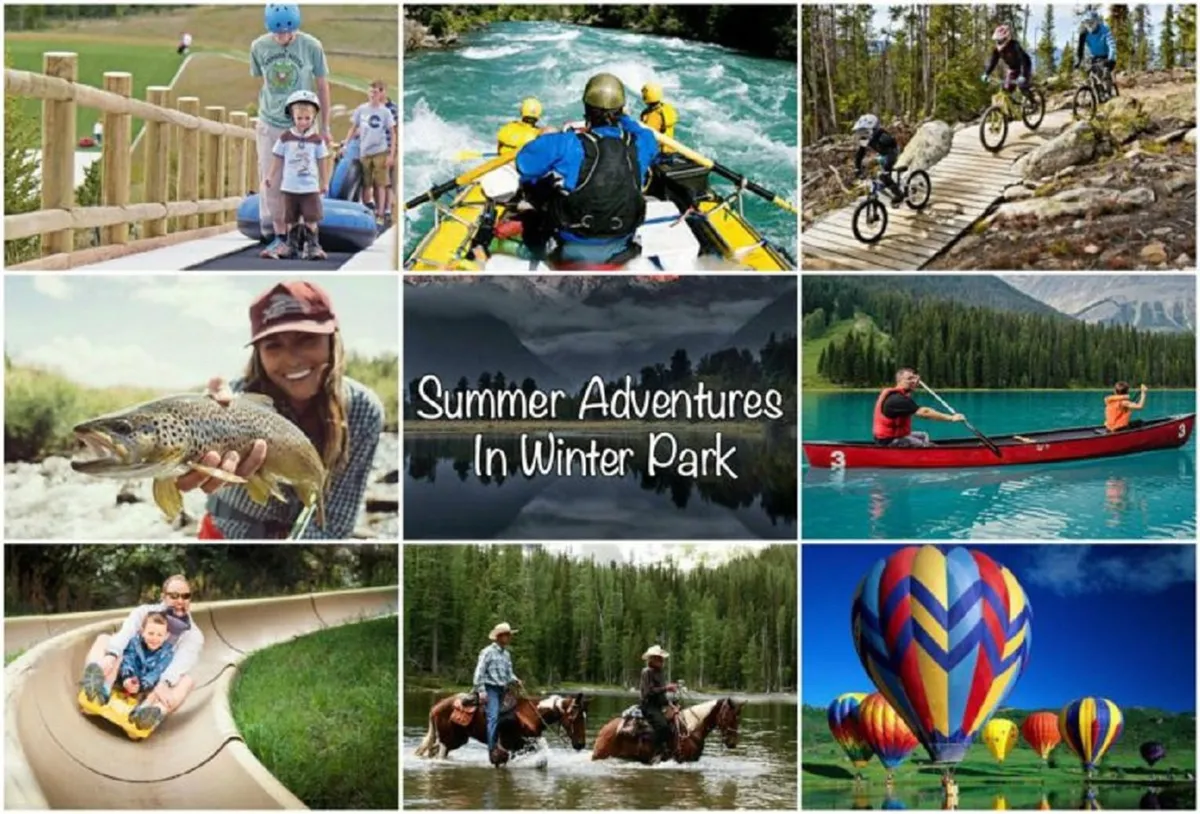 A lively scene of families and friends engaging in various summer outdoor activities, including rafting on clear blue water, biking, canoeing, fishing, and even hot air ballooning. Lush green landscapes and colorful hot air balloons enhance the sense of vibrant adventure and variety.